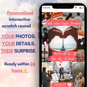 Puede incluir: Una pantalla de smartphone que muestra una tarjeta digital interactiva de rasca y gana personalizada. El collage incluye fotos de una pareja en París, un cruasán, macarons y texto que incluye Pack your bags, Jessica! y We're off to the city of love!