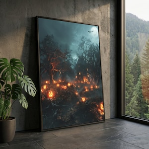 May include: A rectangular framed wall art print featuring a dark, atmospheric forest scene at night. The image displays a house surrounded by numerous glowing orange jack-o'-lanterns, bare trees, a full moon, and silhouettes of flying bats.