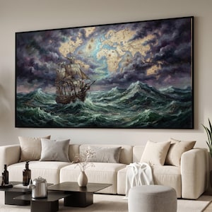 Vintage Nautical Map Canvas, Old Sailing Ship Wall Art, Stormy Sea Ocean Scene, Explorer Adventure Canvas, Maritime Home Decor