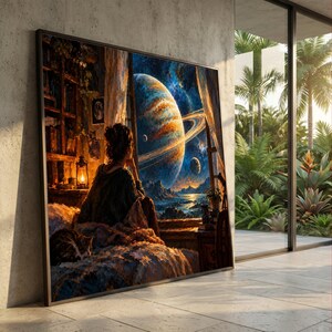 Puede incluir: Una impresión de arte mural enmarcada que muestra a una persona sentada en una cama en una habitación con poca luz, mirando por una ventana hacia un gran planeta con anillos en un cielo estrellado. La habitación incluye una estantería y una linterna.