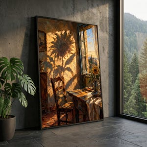 May include: A framed rectangular wall art print depicting an interior scene with a wooden chair and table, a sunflower in a vase, and a large sunflower shadow cast on a textured wall near an open window overlooking a distant landscape.