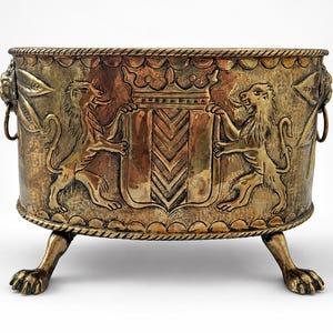 Ornate Heraldic Copper & Brass Jardinière, Lion Handles, Paw Feet, Crowned Coat of Arms Planter