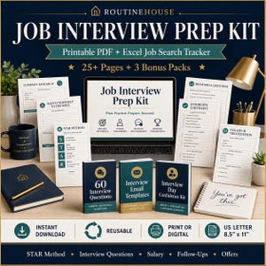 May include: A digital job interview prep kit featuring a laptop displaying the title Job Interview Prep Kit, surrounded by printable PDF pages, an Excel tracker, a dark blue notebook with a gold pen, and three booklets labeled 60 Interview Questions, Interview Email Templates, and Interview Day Confidence Kit.