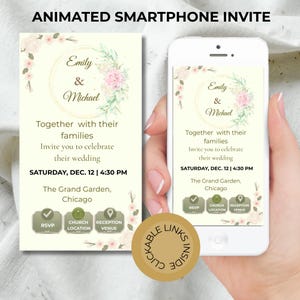 Peut inclure: Une invitation de mariage animée pour smartphone sur fond crème avec des motifs floraux roses. Le texte indique Emily & Michael, Together with their families, Invite you to celebrate their wedding, SATURDAY, DEC. 12 | 4:30 PM, The Grand Garden, Chicago, avec des boutons cliquables pour RSVP, CHURCH LOCATION et RECEPTION VENUE.