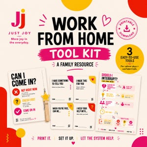 Pode incluir: Um kit de ferramentas para trabalhar em casa com uma placa Can I Come In, quatro cartões de comunicação e um fluxograma Should I Interrupt. O design usa texto preto em um fundo creme com detalhes em rosa, amarelo e vermelho.