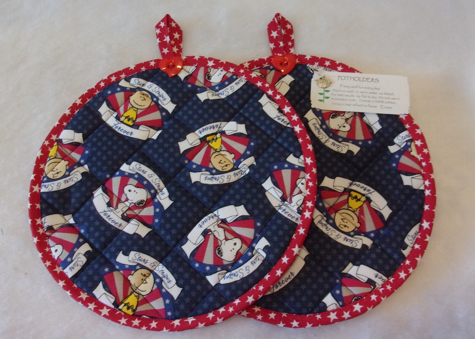 patriotic dogs with rockets potholders homemade metallic silver red white blue stars stripes quilted insulated
