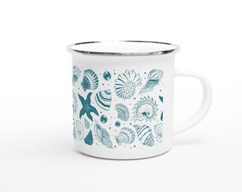Taza de esmalte con forma de concha marina: Taza de café para la playa y el camping, 355 ml (12 oz)