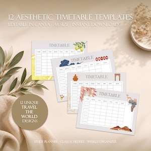Könnte beinhalten: Vier rechteckige Stundenplan-Vorlagen mit weißen Rastern und der Überschrift TIMETABLE. Die Designs zeigen Zitronen, japanische Laternen, Wolken, einen Tontopf, einen Torbogen, eine Protea-Blüte, ein Reh und Felsformationen auf hellem Grund.