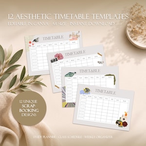 Könnte beinhalten: Ein Set aus 12 digitalen Stundenplan-Vorlagen mit verschiedenen Illustrationen im Scrapbooking-Stil, darunter eine Kamera, Fische und florale Motive. Der Text lautet 12 AESTHETIC TIMETABLE TEMPLATES, EDITABLE IN CANVA - A4 SIZE - INSTANT DOWNLOAD.