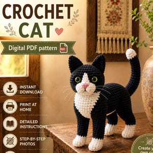 Tuxedo Cat Crochet Pattern | Amigurumi PDF Tutorial | Instant Download | Beginner Friendly Black & White Kitten