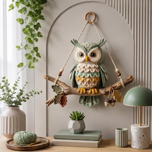 May include: A crocheted owl wall hanging suspended from a natural wooden branch by a rope with wooden beads. The owl features layered feathers in shades of sage green, cream, and mustard yellow, with large brown eyes and a yellow beak.