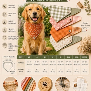 May include: A digital PDF sewing pattern for a reversible dog bandana by Pup & Pine Designs. Includes instructions for 12 sizes ranging from 7.5 to 23 inches in neck size, featuring an over-the-collar design, step-by-step photos, and print-at-home options.