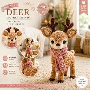 Puede incluir: Un patrón de ganchillo en PDF digital para un ciervo, con el texto CROCHET DEER CROCHET PATTERN, Easy to follow Step-by-step guide, BEGINNER FRIENDLY, DETAILED INSTRUCTIONS, PERFECT GIFT IDEA, ADORABLE SOFT HANDMADE, MADE WITH LOVE.