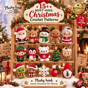 May include: A wooden display rack featuring 15 crochet Christmas ornaments including Santa, a reindeer, snowman, gingerbread person, elf, penguin, polar bear, tree, cocoa mug, grinch, bear, snowflake, stocking, and gnome with PDF pattern text.