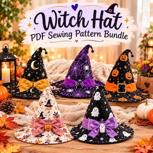 Puede incluir: Cinco sombreros de bruja en un paquete de patrones de costura PDF. Los sombreros presentan varios diseños, incluyendo lunas y estrellas doradas, telarañas moradas, calabazas naranjas, estampados florales y fantasmas blancos con lazos.