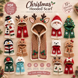 May include: A collection of twelve crochet hooded scarves featuring holiday themes including a snowman, reindeer, Santa Claus, Christmas tree, penguin, gingerbread person, and polar bear, with text reading Christmas Hooded Scarf.