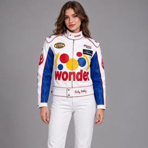 Peut inclure: Une veste de course blanche avec des manches bleues ornées de flammes rouges, un col montant portant le mot Wonder et un motif frontal composé de cercles rouges, jaunes et bleus. La veste présente divers logos de sponsors et le nom Ricky Bobby.
