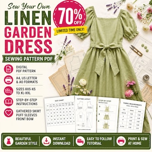 May include: A digital sewing pattern for a sage green linen dress with puff sleeves, a square neckline, and a front tie bow. The image includes text, a size chart, cutting layout, step-by-step instructions, and fabric requirements for sizes XXS-XXL.