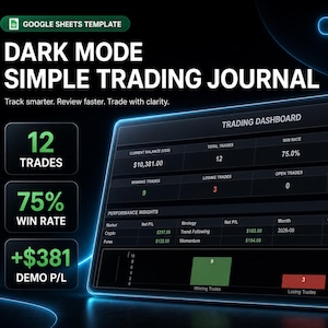 May include: A dark mode Google Sheets template for a simple trading journal. The interface displays a trading dashboard with metrics including current balance, total trades, win rate, net P/L, and performance insights with a bar chart for winning and losing trades.