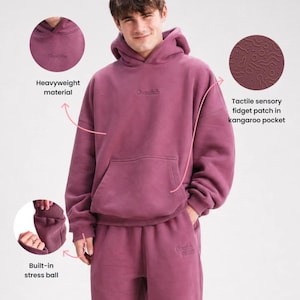 May include: A dark mauve heavyweight hoodie and matching sweatpants set. The hoodie features a kangaroo pocket with a tactile sensory fidget patch, and the sleeve cuff contains a built-in stress ball. The text "Cloudhub" is embroidered on the chest.