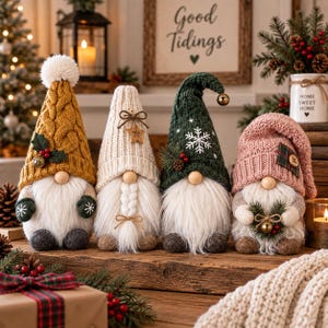 May include: Four decorative gnome figurines with long white beards and knit hats in mustard yellow, cream, dark green, and dusty pink. Each gnome features unique accents like holly, a star tag, a snowflake pattern, or a small bell, arranged on a wooden surface.