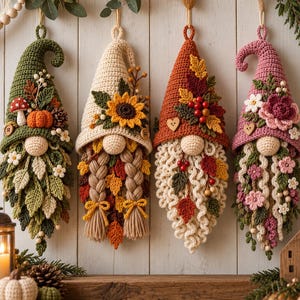 May include: Four hanging crochet gnome ornaments featuring seasonal themes. The first is green with a mushroom and pumpkin, the second is cream with a sunflower and braids, the third is orange with autumn leaves and berries, and the fourth is pink with flowers.