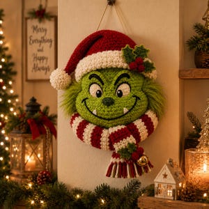 Puede incluir: Un tapiz de ganchillo con la cara de un personaje verde con una amplia sonrisa, dos colmillos blancos y detalles de pelo verde. El personaje lleva un gorro de Papá Noel rojo y blanco con un pompón y una bufanda a rayas con un cascabel dorado.