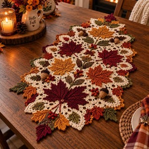 May include: A cream-colored crocheted table runner featuring an intricate pattern of autumn leaves in shades of burgundy, orange, and olive green, accented with small clusters of red berries and three-dimensional crocheted acorns.