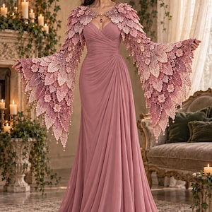 May include: A floor-length dusty rose gown featuring a sweetheart neckline and ruched bodice. The dress includes dramatic, wide sleeves adorned with intricate, layered lace leaf and floral appliques in shades of pink, extending to the wrists.