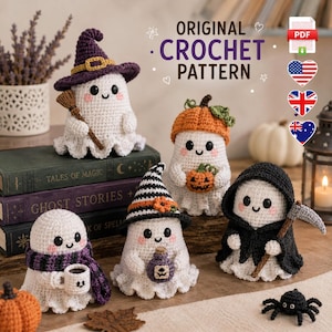May include: Five crocheted ghost figures with various accessories including a purple witch hat, a pumpkin hat, a black striped hat, a purple scarf, and a black hooded cloak with a scythe. Text reads ORIGINAL CROCHET PATTERN with PDF icon.