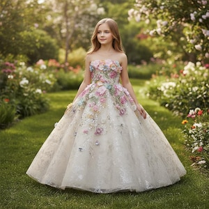 May include: A strapless floor-length gown in a light cream colour featuring a fitted bodice and a full skirt. The dress is adorned with multi-coloured floral appliqués in shades of pink, blue, and yellow, with subtle silver glitter accents.