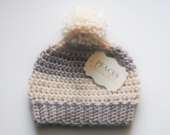 Stripe Baby Hat with Pom-Pom (skull cap beanie)