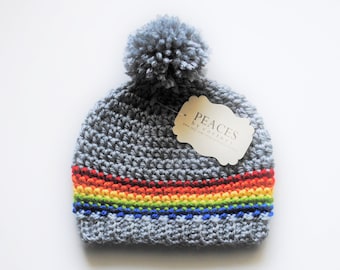 Rainbow Baby Hat with Pom-Pom (skull cap beanie)