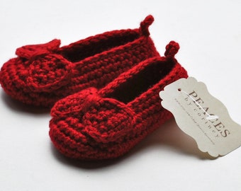 Ruby Red Baby Slippers with Bow (baby booties, baby moccasins, baby slippers)