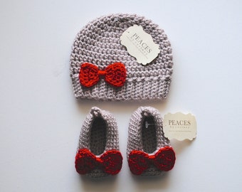 Baby Hat with Bow and Baby Shoes Set (skull cap beanie)