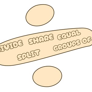 May include: A division symbol graphic in light beige with a dark outline. The horizontal bar contains the text DIVIDE, SHARE, EQUAL, GROUPS OF, and SPLIT in a rounded, bubble-style font. The symbol consists of two circles and a central bar.