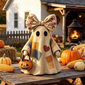 Patchwork Ghost Halloween Decor, Cottagecore Fabric Ghost Figurine, Fall Farmhouse Table Ornament,Rustic Farmhouse Fall Decor