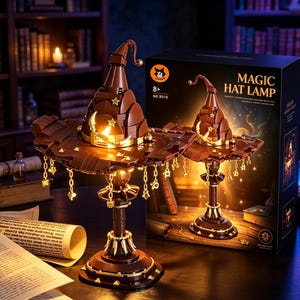 May include: A brown, buildable block-style lamp shaped like a wizard hat, featuring a wide brim, a pointed top, and gold-colored crescent moon and star accents. The lamp emits a warm glow and includes hanging star charms around the brim edge.