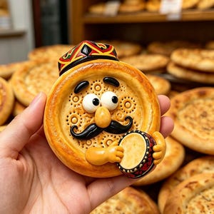 May include: A round, golden-brown decorative ornament shaped like a flatbread with a cartoon face, featuring large white eyes, a black mustache, and a small nose. It wears a patterned cap and holds a small drum, with intricate circular textures.