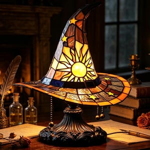 Könnte beinhalten: Eine Tischlampe aus Buntglas in Form eines spitzen Hutes mit einem gelben Sonnenmotiv, orangefarbenen und blauen geometrischen Paneelen sowie kleinen gelben Sternen. Die Lampe steht auf einem dunklen, verzierten Metallsockel mit Zugkette.