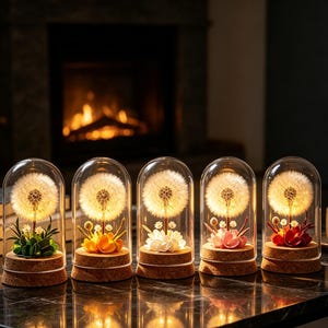 May include: Five glass cloches, each containing a glowing dandelion seed head and small colourful flowers on a cork base. The arrangements feature green, yellow, white, pink, and red floral accents, illuminated from within to create a warm light.