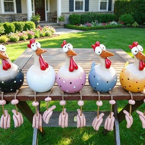 May include: Five ceramic chicken figurines with round bodies, wide eyes, orange beaks, and red combs. Each figure features dangling legs with pink feet and sits on a wooden table. The chickens are coloured black, white, pink, blue, and yellow.