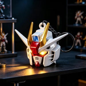 May include: A white, red, and gold robotic head keychain featuring a glowing yellow eye visor and a blue forehead sensor. The mechanical helmet design includes two pointed side fins and a top loop attached to a black metal keyring chain.