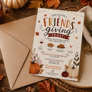 Mall för inbjudningar till Friendsgiving, höstens Thanksgiving-fest med vänner, redigerbar Canva-mall 5x7 digital nedladdning