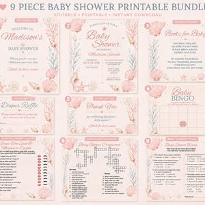 May include: A 9-piece baby shower printable bundle featuring pink seashell and coral illustrations. The set includes a welcome sign, invitation, books for baby card, diaper raffle, thank you tag, baby bingo, guess who, crossword, and trivia game.