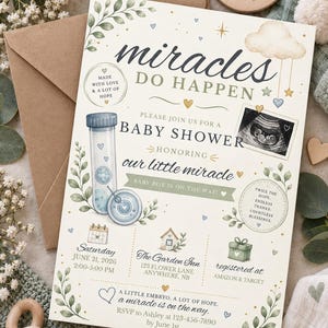 Könnte beinhalten: Eine Babyparty-Einladungskarte mit dem Text "miracles DO HAPPEN" und "PLEASE JOIN US FOR A BABY SHOWER". Das Design enthält eine Aquarellillustration eines Reagenzglases, ein Ultraschallbild, Blattwerk und goldene Sterne auf weißem Grund.