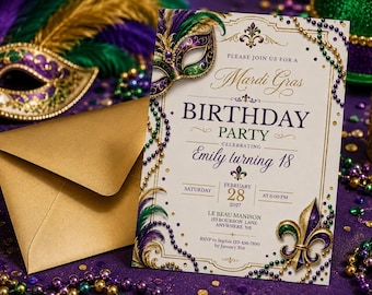 Mardi Gras Birthday Invitation, Masquerade Birthday, New Orleans Party, Canva Editable Template Digital Download 5x7