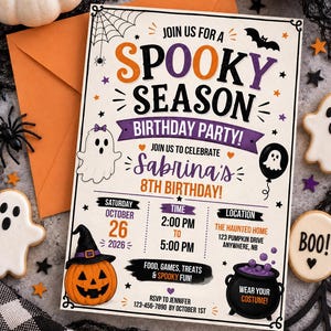 May include: A rectangular Halloween-themed birthday party invitation card featuring the text JOIN US FOR A SPOOKY SEASON BIRTHDAY PARTY! SABRINA'S 8TH BIRTHDAY! with illustrations of a ghost, a jack-o'-lantern, a cauldron, and a bat.