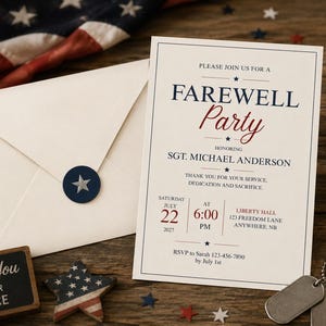 Può includere: Un invito color crema per una festa di addio con testo blu navy e rosso, che riporta il nome Sgt. Michael Anderson, la data 22 luglio 2027 e l'orario 18:00. Il biglietto è accompagnato da una busta sigillata con un adesivo a forma di stella.