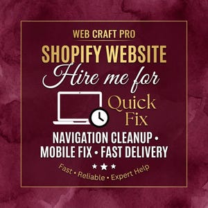 Op de afbeelding: Een vierkante afbeelding met een diepbordeauxrode aquarelachtergrond en een gouden rand. De tekst luidt: WEB CRAFT PRO, SHOPIFY WEBSITE, Hire me for Quick Fix, NAVIGATION CLEANUP, MOBILE FIX, FAST DELIVERY, Fast, Reliable, Expert Help, en een laptopicoon.